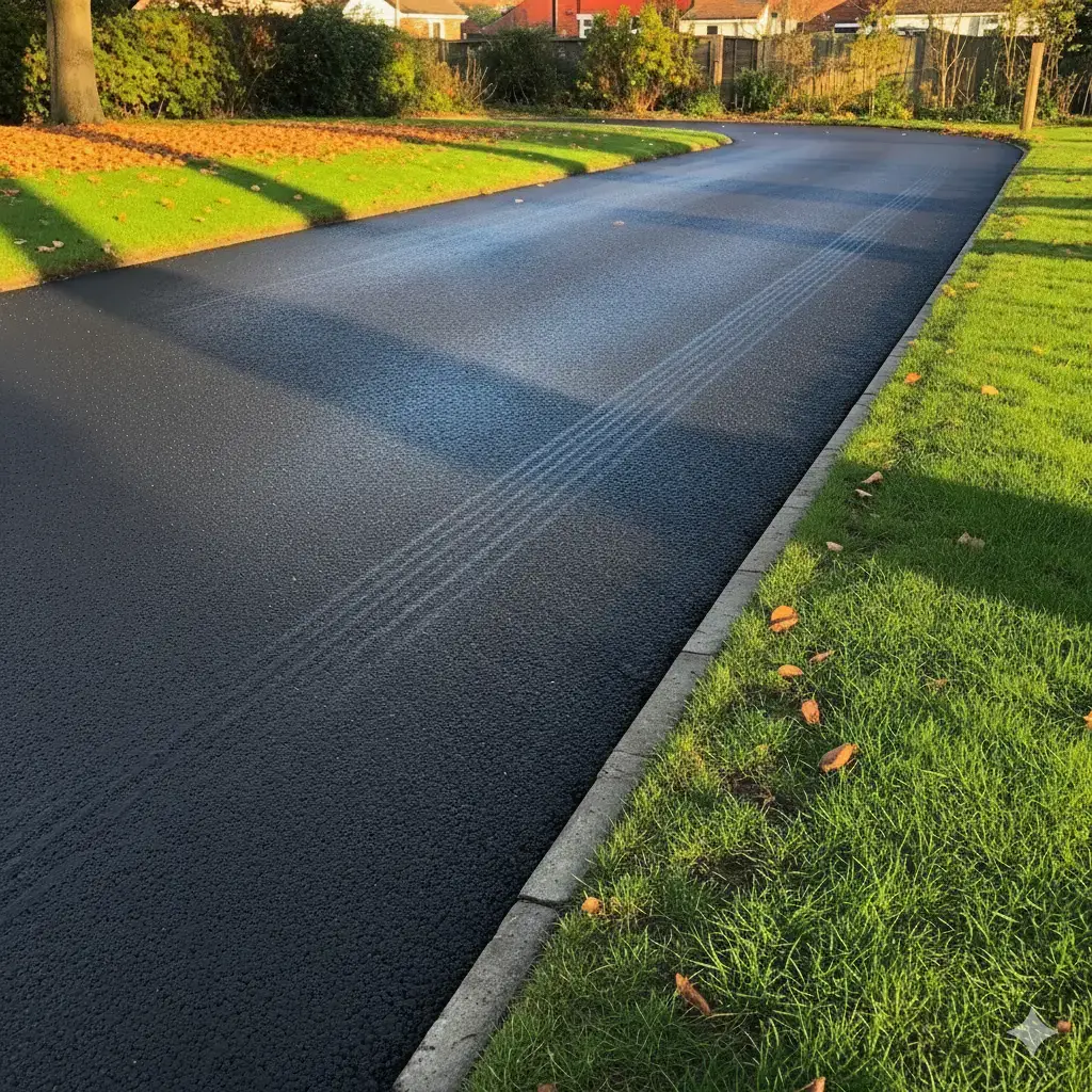 Freshly paved road curves through a park. Bright green grass and fallen leaves line the edge.