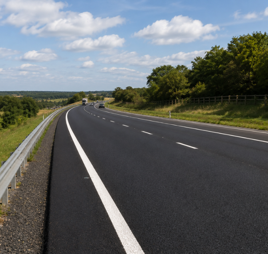 image - Edwards Surfacing A rural highway with a white center line, guardrail on the left, and trees along a grassy embankment under a blue sky with scattered clouds.