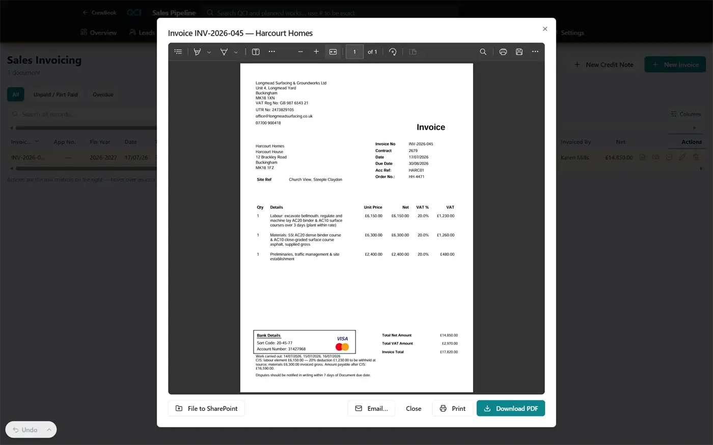 CrewBook invoicing screen with CIS-aware Sage 50 export