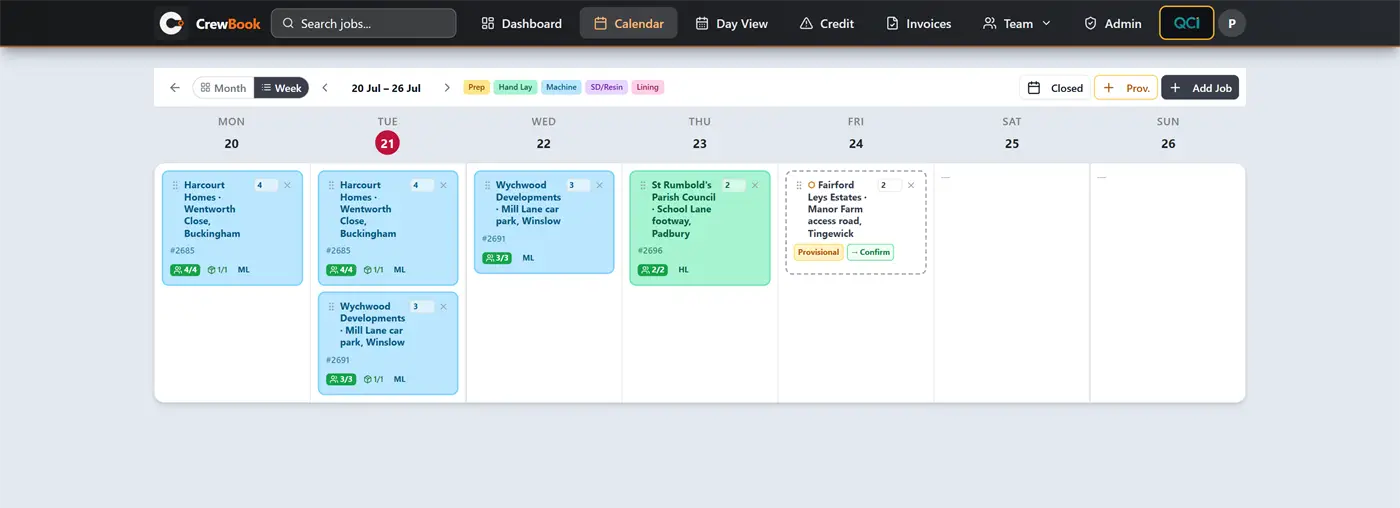 CrewBook job schedule screen used to plan Edwards Surfacing crews